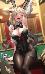 Rule 34 | 1girl, animal ears, aqua eyes, arm behind back, arm up, armpits, bare shoulders, black bow, black bowtie, black leotard, black pantyhose, blonde hair, blunt bangs, blurry, blurry background, bow, bowtie, breasts, casino, casino card table, cleavage, commentary, covered navel, detached collar, detached sleeves, facial mark, gold trim, hair ornament, highleg, highleg leotard, highres, large breasts, legs together, leotard, morros, nail polish, one eye closed, open mouth, original, pantyhose, playboy bunny, poker chip, red nails, red ribbon, ribbon, sitting, solo, strapless, strapless leotard, table, tail raised, teeth, traditional bowtie, upper teeth only, whisker markings, wrist cuffs