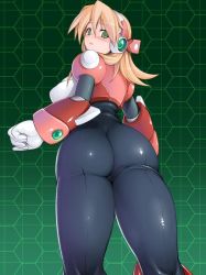 Rule 34 | 1girl, alia (mega man), android, armor, ass, black bodysuit, blonde hair, blush, bodysuit, breasts, capcom, chabo (fuketsudan), from behind, gloves, green background, green eyes, headgear, honeycomb (pattern), honeycomb background, large breasts, long hair, looking at viewer, looking back, mega man (series), mega man x (series), open mouth, pink armor, robot, standing, white gloves
