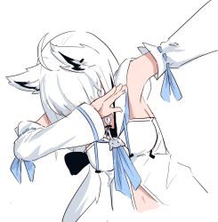 Rule 34 | 1girl, animal ears, blue necktie, braid, dab (dance), detached sleeves, fox ears, hand over face, hands up, highres, hololive, klaius, long sleeves, meme, navel, necktie, shirakami fubuki, shirakami fubuki (1st costume), shirt, side braid, simple background, solo, virtual youtuber, white background, white hair, white shirt