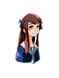 Rule 34 | 1girl, blue bow, blue shirt, blush, bow, brown hair, cropped torso, fruits basket, grey eyes, hair bow, honda tohru, looking at viewer, male focus, naruysae, neckerchief, sailor collar, school uniform, shirt, simple background, smile, solo, white background