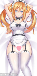 Rule 34 | 1girl, alternate costume, apron, armpits, arms behind head, arms up, blue eyes, blush, breasts, censored, detached collar, frilled apron, frills, gabriel evangel, garter straps, groin, hair between eyes, hair rings, heart, heart censor, highres, large breasts, long hair, lying, maid headdress, naked apron, neptune (series), no bra, no panties, on back, on bed, orange hair, orange heart (neptunia), power symbol, power symbol-shaped pupils, shin jigen game neptune vii, smile, solo, symbol-shaped pupils, thighhighs, twintails, very long hair, white apron, white thighhighs