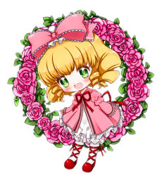 Rule 34 | 1girl, :d, blonde hair, bloomers, blush, bow, chibi, coat, commentary request, dress, drill hair, flower, frilled bow, frilled dress, frills, full body, gelulu, green eyes, hair bow, hinaichigo, leg ribbon, lolita fashion, long sleeves, looking at viewer, medium bangs, neck ribbon, open mouth, pantyhose, pink bow, pink coat, pink flower, pink rose, quad drills, red footwear, red ribbon, ribbon, rose, rozen maiden, shoes, short hair, smile, solo, underwear, white background, white bloomers, white dress, white pantyhose