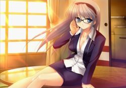 Rule 34 | 00s, 1girl, breasts, clannad, cleavage, formal, glasses, jacket, large breasts, pencil skirt, sakagami tomoyo, sitting, skirt, skirt suit, solo, suit, sunset