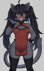 Rule 34 | 1girl, ahoge, animal ears, animal nose, black fur, black hair, black thighhighs, blush, body fur, breasts, cat, cat ears, cat girl, cat tail, claws, clothing request, commentary request, copyright request, covered navel, cowboy shot, fangs, furry, furry female, grey background, hair between eyes, hair ribbon, highres, long hair, looking at viewer, medium breasts, red ribbon, ribbon, saigi, simple background, solo, tail, thighhighs, tongue, twintails, yellow eyes