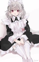 Rule 34 | 1girl, apron, black dress, black ribbon, collared dress, commentary request, dress, eyebrows hidden by hair, feet out of frame, frilled apron, frilled dress, frills, grey hair, hair between eyes, hair ribbon, highres, looking at viewer, maid, maid apron, maid headdress, original, parted lips, red eyes, ribbon, sha2mo, signature, sitting, solo, thighhighs, twintails, white apron, white background, white thighhighs