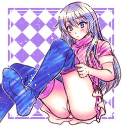 Rule 34 | 1girl, ao (yashuring), ass, blue eyes, blue hair, blue thighhighs, caeda (fire emblem), checkered background, commission, dress, fire emblem, fire emblem: mystery of the emblem, highres, miniskirt, nintendo, pale color, panties, pegasus knight uniform (fire emblem), red dress, short sleeves, skeb commission, skirt, solo, thighhighs, underwear, white panties, white skirt