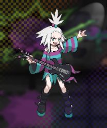Rule 34 | 1girl, 4091, :d, bass guitar, black footwear, boots, commentary request, creatures (company), dress, freckles, full body, game freak, hair bobbles, hair ornament, holding, holding instrument, instrument, looking at viewer, nintendo, open mouth, outstretched arm, pixel art, platform boots, platform footwear, pokemon, pokemon bw2, roxie (pokemon), smile, solo, spiked hair, standing, striped clothes, striped dress, teeth, tongue, topknot, two-tone dress, white hair