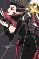 Rule 34 | 1girl, alternate costume, animal, arthropod limbs, black dress, black hair, black sclera, blurry, blurry foreground, breasts, bridal gauntlets, bug, colored sclera, dress, earrings, elise (league of legends), hair slicked back, highres, hiyari (hiyarilol), jewelry, large breasts, league of legends, multicolored hair, open mouth, pointy ears, profile, red eyes, red hair, ring, short hair, silk, solo, spider, spider web, star (symbol), two-tone hair