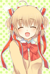 Rule 34 | 1girl, blonde hair, closed eyes, female focus, kamikita komari, little busters!, open mouth, school uniform, short hair, solo, touon, twintails, two side up
