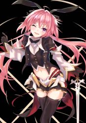 Rule 34 | 1boy, astolfo (fate), astolfo (saber) (fate), black bow, black gloves, black ribbon, black thighhighs, blush, bow, bowtie, commentary, fate/apocrypha, fate/grand order, fate (series), gloves, hair bow, hair intakes, hair ribbon, highres, long hair, long sleeves, looking at viewer, male focus, multicolored hair, navel, one eye closed, open clothes, panipo2501, pink hair, purple eyes, ribbon, smile, solo, streaked hair, thighhighs, trap, twintails, white hair