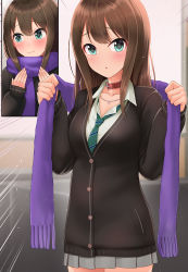 Rule 34 | 1girl, blush, breasts, brown hair, cardigan, choker, closed mouth, comic, emphasis lines, green eyes, highres, idolmaster, idolmaster cinderella girls, jewelry, long hair, long sleeves, looking at viewer, looking away, medium breasts, miniskirt, mk (mod0), necklace, necktie, parted lips, pleated skirt, scarf, school uniform, shibuya rin, silent comic, skirt, solo, speed lines
