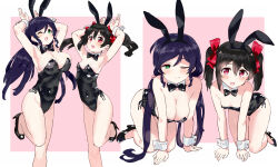 Rule 34 | 2girls, all fours, animal ears, bare arms, bare legs, bare shoulders, black bow, black bowtie, black hair, black leotard, bow, bowtie, breasts, commentary, detached collar, fake animal ears, green eyes, highres, kurokawa makoto, large breasts, leotard, long hair, looking at viewer, love live!, love live! school idol project, low twintails, multiple girls, one eye closed, pink background, pink scrunchie, playboy bunny, purple hair, rabbit ears, red eyes, scrunchie, simple background, small breasts, smile, tojo nozomi, twintails, two-tone background, white background, wrist cuffs, yazawa nico