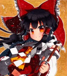 Rule 34 | 1girl, bad id, bad pixiv id, bare shoulders, black hair, bow, closed mouth, collar, gohei, hair tubes, hakurei reimu, hand up, long hair, long sleeves, midriff peek, orange background, qqqrinkappp, red bow, red eyes, red skirt, red vest, shikishi, simple background, skirt, solo, touhou, traditional media, vest, white collar, white sleeves, yellow neckwear