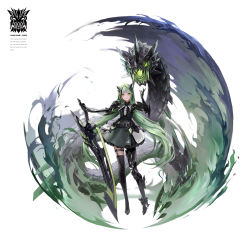 Rule 34 | 1girl, daeraeband, dress, full body, green dress, green eyes, green hair, holding, holding sword, holding weapon, long hair, looking at viewer, original, parted lips, prosthesis, prosthetic arm, prosthetic leg, single thighhigh, solo, standing, sword, thighhighs, weapon, white background