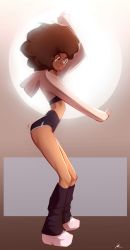 Rule 34 | 1girl, afro, backlighting, big hair, brown hair, character request, commentary, cropped hoodie, dancing, dark skin, dark-skinned female, english commentary, closed eyes, flat chest, freckles, from side, glasses, highleg shorts, highres, hood, hood down, hoodie, leg warmers, midriff, original, pee-kay, pink footwear, pink hoodie, platform footwear, revision, round eyewear, short shorts, shorts, signature, sleeves past wrists, solo, the monkey, tongue, tongue out, very dark skin