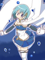 Rule 34 | 1girl, belt, blue eyes, blue hair, blue skirt, cape, commentary, detached sleeves, floating cape, fortissimo, gloves, hair ornament, highres, looking at viewer, magical girl, mahou shoujo madoka magica, mahou shoujo madoka magica (anime), miki sayaka, miki sayaka (magical girl), musical note, musical note hair ornament, navel peek, outstretched arms, rai0822saya, short hair, skirt, solo, soul gem, spread arms, symbol-only commentary, thigh belt, thigh strap, thighhighs, water drop, white cape, white gloves, white thighhighs