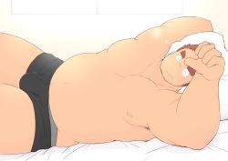 Rule 34 | 1boy, 3c pan, bara, belly, black male underwear, blush, boxer briefs, brown hair, bulge, facial hair, facial scar, fat, fat man, feet out of frame, tamamura gunzo, hands up, highres, large pectorals, long sideburns, lying, male focus, male underwear, muscular, muscular male, navel, navel hair, nipples, on bed, on side, pectorals, pillow, scar, scar on cheek, scar on face, short hair, sideburns, solo, spiked hair, stomach, stubble, thick eyebrows, thick thighs, thighs, tokyo houkago summoners, topless male, underwear, underwear only