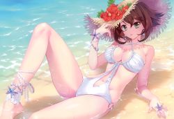 Rule 34 | 1girl, absurdres, ankle garter, breasts, brown hair, carnelian, cleavage, clothing cutout, criss-cross halter, day, earrings, flower, green eyes, halterneck, hat, hat flower, highres, jewelry, kantai collection, leg up, light smile, lying, mutsu (kancolle), navel, navel cutout, o-ring, o-ring swimsuit, one-piece swimsuit, outdoors, partially submerged, scan, short hair, solo, sparkle, straw hat, sun hat, swimsuit, white one-piece swimsuit