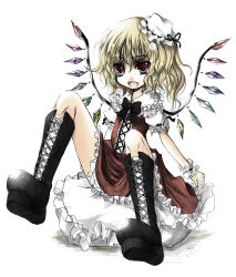 Rule 34 | 1girl, blonde hair, boots, child, cross-laced footwear, fang, female focus, flandre scarlet, kurona, lace-up boots, open mouth, red eyes, simple background, solo, touhou, white background, wings