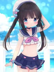 Rule 34 | :o, absurdres, arm at side, arm behind head, arm up, bare arms, black hair, blue choker, blue eyes, blue sailor collar, blue skirt, blue sky, blunt bangs, blurry, blurry background, blush, bow, breasts, choker, cleavage, cloud, cloudy sky, cowboy shot, crop top, frilled shirt, frills, hat, hat bow, heart, heart choker, highres, long hair, looking at viewer, midriff, navel, nekomura yuyuko, open mouth, original, outdoors, plaid, plaid skirt, sailor collar, sailor hat, sailor shirt, shirt, skirt, sky, sleeveless, standing, twintails, white shirt, wrist bow, wristband