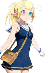 Rule 34 | 1girl, :t, between breasts, blonde hair, blue eyes, blush, breasts, dress, covered erect nipples, pointy ears, ponytail, pout, sailor dress, shin&#039;ya (shin&#039;yanchi), sleeveless, sleeveless dress, small breasts, solo, strap between breasts