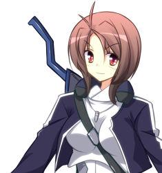 Rule 34 | 1girl, between breasts, breasts, brown hair, cropped jacket, female focus, jewelry, kyoukaisenjou no horizon, mellow, necklace, oriotorai makiko, pendant, red eyes, shirt, short hair, simple background, solo, strap between breasts, sword, taut clothes, taut shirt, upper body, weapon, white background