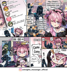 Rule 34 | 1other, 2girls, arknights, chat log, click (arknights), controller, doctor (arknights), drinking, english text, extra ears, game controller, gavial (arknights), green hair, headphones, highres, hm (hmongt), holding, holding controller, holding game controller, lungmen dollar, multiple girls, one eye closed, pink hair, playing games, pointy ears, sanity potion (arknights), scene (arknights), social network, speech bubble, u-official (arknights)
