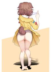Rule 34 | 1girl, absurdres, accidental exposure, animal ears, anus, anus peek, ass, bandaid, bandaid on pussy, barefoot, brown hair, commentary request, dog ears, dog girl, dog tail, from behind, full body, highres, holding, holding clothes, holding panties, holding underwear, hololive, inugami korone, inugami korone (1st costume), jacket, lifted by tail, long hair, maebari, no panties, off shoulder, panties, pleated skirt, pussy, shadow, skirt, soles, solo, tail, uncensored, underwear, virtual youtuber, white panties, yellow jacket, yellow skirt, zonzu