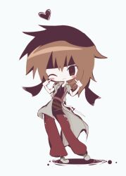 Rule 34 | 1other, ;3, androgynous, atoymk, belt, black shirt, blush stickers, brown belt, brown eyes, brown hair, cargo pants, closed mouth, coat, deformed, full body, grey coat, heart, kurohebi, len&#039;en, medium hair, multiple belts, no nose, one eye closed, open clothes, open coat, other focus, pants, pointing, pointing at self, red pants, shirt, short sleeves, simple background, solo, white background
