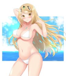 Rule 34 | 1girl, arm behind head, arm up, artist request, bikini, blonde hair, blush, breasts, cleavage, cloud, day, gem, headpiece, jewelry, large breasts, long hair, looking at viewer, musubi moni, mythra (xenoblade), navel, nintendo, ocean, shiny skin, skindentation, sky, smile, solo, swimsuit, thighs, tiara, very long hair, water, white bikini, xenoblade chronicles (series), xenoblade chronicles 2, yellow eyes