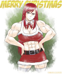 Rule 34 | 1girl, abs, belt, biceps, bow, bowtie, breasts, brown eyes, christmas, cleavage, earrings, elee0228, erza scarlet, extreme muscles, fairy tail, female focus, hands on thighs, highres, ichan-desu, jewelry, looking at viewer, muscular, navel, red hair, solo