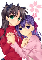 Rule 34 | 00s, 2girls, 467 (artist), absurdres, bad id, bad pixiv id, black hair, blush, brown hair, fate/stay night, fate (series), female focus, green eyes, hair ribbon, highres, holding hands, incest, long sleeves, matou sakura, multiple girls, purple eyes, purple hair, ribbon, siblings, simple background, sisters, tohsaka rin, twintails, two side up, white background, yuri
