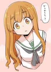 Rule 34 | 1girl, :o, arms behind back, black neckerchief, blouse, blunt bangs, bob (you-u-kai), commentary, cropped torso, girls und panzer, leaning to the side, long hair, long sleeves, looking at viewer, motion lines, neckerchief, ooarai school uniform, open mouth, orange eyes, orange hair, parody request, pink background, school uniform, serafuku, shirt, solo, sparkle, takebe saori, translated, upper body, white shirt