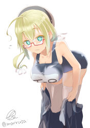 Rule 34 | 1girl, absurdres, blonde hair, blush, breasts, cleavage, clothes pull, cowboy shot, embarrassed, glasses, green eyes, hat, highres, i-8 (kancolle), kantai collection, large breasts, looking at viewer, low twintails, marusa (marrusa), name tag, one-piece swimsuit, peaked cap, red-framed eyewear, sailor hat, school swimsuit, semi-rimless eyewear, signature, skirt, skirt pull, solo, swimsuit, thighhighs, tri tails, twintails, twitter username, under-rim eyewear, undressing, white background, white thighhighs