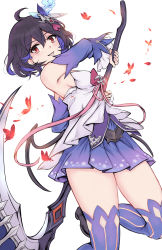Rule 34 | 1girl, antenna hair, bare shoulders, blue hair, breasts, bug, butterfly, evil smile, hair between eyes, hair ornament, highres, holding, holding weapon, honkai (series), honkai impact 3rd, insect, looking at viewer, open mouth, purple skirt, purple thighhighs, red butterfly, red eyes, scythe, seele (alter ego), seele vollerei, seele vollerei (swallowtail phantasm), shoes, short hair, sideboob, simple background, skirt, smile, solo, thighhighs, weapon, white background, yougenko