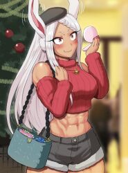 Rule 34 | 1girl, abs, animal ears, bag, bare shoulders, beret, black hat, black shorts, blurry, blurry background, blush, boku no hero academia, book, box, braid, braided bangs, breasts, christmas tree, clenched hand, crop top, cropped sweater, dark-skinned female, dark skin, detached sleeves, gift, gift box, hands up, harurukan, hat, holding, holding bag, holding compact, jewelry, large breasts, long eyelashes, long hair, looking at object, midriff, mirko, muscular, muscular female, nail polish, navel, necklace, parted bangs, pendant, rabbit ears, rabbit girl, red eyes, red nails, red sleeves, red sweater, ribbed sleeves, ribbed sweater, short shorts, shorts, solo, sweater, thighs, turtleneck, turtleneck sweater, very long hair, wavy mouth, white hair
