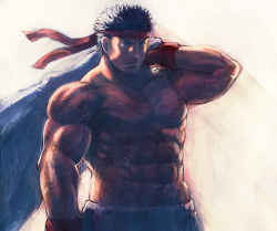 Rule 34 | 1boy, abs, backlighting, black hair, boyaking, closed mouth, unworn clothes, commentary request, facial hair, furrowed brow, gloves, grey eyes, headband, holding, holding clothes, large pectorals, male focus, muscular, muscular male, no nipples, over shoulder, pectorals, red gloves, ryu (street fighter), topless male, short hair, solo, street fighter, stubble, upper body, veins