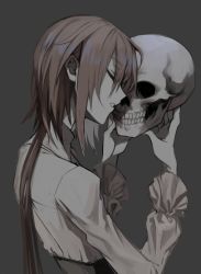 Rule 34 | 1girl, bad id, bad twitter id, black skirt, blouse, brown hair, closed eyes, from behind, grey background, hair between eyes, hands up, high-waist skirt, highres, holding, long hair, long sleeves, original, parted lips, shirt, simple background, skirt, skull, solo, tsu (lovesick1964), white shirt