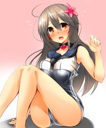 Rule 34 | 1girl, ahoge, alternate costume, bad id, bad nicoseiga id, black hair, blush, breasts, brown eyes, collarbone, cosplay, crop top, flower, flying sweatdrops, gradient background, hair flower, hair ornament, hairclip, haruna (kancolle), heart, heart necklace, highres, jewelry, kantai collection, knees together feet apart, large breasts, long hair, looking at viewer, neckerchief, necklace, open mouth, pink background, ro-500 (kancolle), ro-500 (kancolle) (cosplay), sailor collar, school swimsuit, school uniform, serafuku, sitting, sleeveless, solo, swimsuit, swimsuit under clothes, tsukui kachou