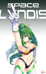 Rule 34 | 1girl, arm up, armpits, bad id, bad pixiv id, belt bra, bikini, black bikini, blush, breasts, character name, choker, cleavage, closed mouth, cosplay, female focus, fire emblem, fire emblem: the blazing blade, gloves, gradient background, green choker, green eyes, green hair, hair between eyes, hair ornament, hair stick, head tilt, high ponytail, highres, index finger raised, ippers, jacket, large breasts, long hair, looking at viewer, lyn (fire emblem), midriff, naughty face, navel, nintendo, open clothes, open jacket, pointing, pointing up, ponytail, revealing clothes, smile, solo, space yoko, standing, strapless, strapless bikini, swimsuit, tengen toppa gurren lagann, thighhighs, very long hair, white gloves, white jacket, white thighhighs, yoko littner, yoko littner (cosplay)