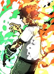 Rule 34 | 1boy, absurdres, animification, ben 10, ben tennyson, black trim, brown hair, burning clothes, closed mouth, dutch angle, energy, fiery hair, fire, floating hair, from behind, from side, green eyes, green pants, hand up, henshin, highres, isaacchief300, male focus, multicolored background, omnitrix, open hand, overexposure, paint splatter, pants, profile, shirt, short hair, short sleeves, solo, standing, transformation, white shirt