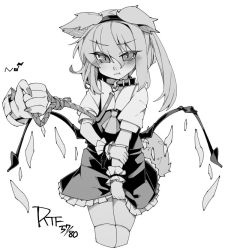Rule 34 | 1girl, animal ears, ascot, bad id, bad twitter id, blush, closed mouth, collar, commentary request, cowboy shot, cropped legs, flandre scarlet, greyscale, hair between eyes, hand on own arm, holding, holding leash, kemonomimi mode, leash, long hair, looking at viewer, monochrome, musical note, nail polish, pout, quaver, shamo (koumakantv), short sleeves, side ponytail, simple background, skirt, skirt set, slit pupils, solo focus, tail, thighhighs, touhou, white background, zettai ryouiki