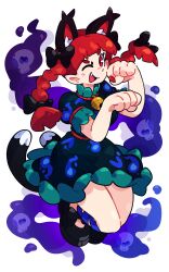 Rule 34 | 1girl, :3, absurdres, animal ear fluff, animal ears, bell, black bow, black dress, bow, braid, cat ears, cat tail, commentary, dress, extra ears, fang, fingernails, footwear bow, ghost, green dress, highres, hitodama, jingle bell, kaenbyou rin, leg ribbon, maletoh, mary janes, multiple tails, neck bell, official alternate costume, one eye closed, paw pose, pointy ears, puffy short sleeves, puffy sleeves, red eyes, red hair, red nails, ribbon, sharp fingernails, shoes, short sleeves, skull, tail, touhou, twin braids, two tails, unfinished dream of all living ghost, white background