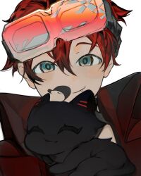 Rule 34 | 1boy, black cat, black hair, cat, fang, goggles, goggles on head, green eyes, hair between eyes, high collar, highres, holostars, holostars english, jacket, knx, light blush, looking at viewer, machina x flayon, machiroon (machina x flayon), male focus, multicolored hair, portrait, red hair, red jacket, short hair, smile, solo, two-tone hair, virtual youtuber, white background