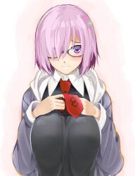 Rule 34 | 1girl, aasara, black-framed eyewear, blush, breasts, chaldea logo, chaldea uniform, commentary request, fate/grand order, fate (series), glasses, hair over one eye, highres, large breasts, looking at viewer, mash kyrielight, necktie, purple eyes, purple hair, red necktie, round eyewear, short hair, solo, upper body, white background