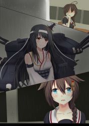 Rule 34 | 10s, 2girls, ashfair, bad id, bad pixiv id, black hair, black serafuku, blush, braid, comic, crying, crying with eyes open, detached sleeves, fusou (kancolle), hair flaps, hair over shoulder, highres, japanese clothes, kantai collection, long hair, md5 mismatch, multiple girls, nontraditional miko, rain, red eyes, remodel (kantai collection), school uniform, serafuku, shigure (kancolle), silent comic, single braid, tears