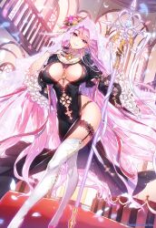 Rule 34 | 1girl, black dress, breasts, cleavage cutout, clothing cutout, copyright notice, dress, falling petals, flower, frilled dress, frilled sleeves, frills, garter belt, gloves, gyakushuu no fantasica, highres, holding, holding staff, large breasts, looking at viewer, munlu (wolupus), navel, navel cutout, pelvic curtain, petals, pink footwear, pink hair, purple eyes, see-through, see-through veil, smirk, solo, staff, thighhighs, veil, white gloves, white thighhighs, wide sleeves