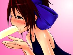 Rule 34 | 1girl, blush, bow, cupping hands, food, izayoi sky, one-piece swimsuit, oral, own hands together, popsicle, samurai spirits, school swimsuit, sexually suggestive, solo focus, swimsuit, taku, yukisaki miale