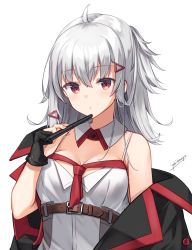 Rule 34 | 1girl, ahoge, artist name, bad id, bad twitter id, breasts, chest belt, cleavage, detached collar, gloves, hair ornament, half gloves, hand up, highres, holding, holding stylus, indie virtual youtuber, jacket, long hair, medium breasts, necktie, off shoulder, open clothes, open jacket, red eyes, red necktie, signature, silver hair, simple background, sleeveless, solo, spaghetti strap, stylus, virtual youtuber, white background, yaki mayu, yaki mayuru