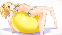 Rule 34 | 10s, 1girl, bare shoulders, barefoot, bikini, bow, breasts, brown eyes, drill hair, eromanga sensei, front-tie bikini top, front-tie top, groin, hair bow, halterneck, high ponytail, highres, long hair, looking at viewer, lying, navel, official art, on back, red bow, red eyes, side-tie bikini bottom, sideboob, simple background, small breasts, solo, string bikini, striped bikini, striped clothes, swimsuit, twin drills, underboob, white background, yamada elf